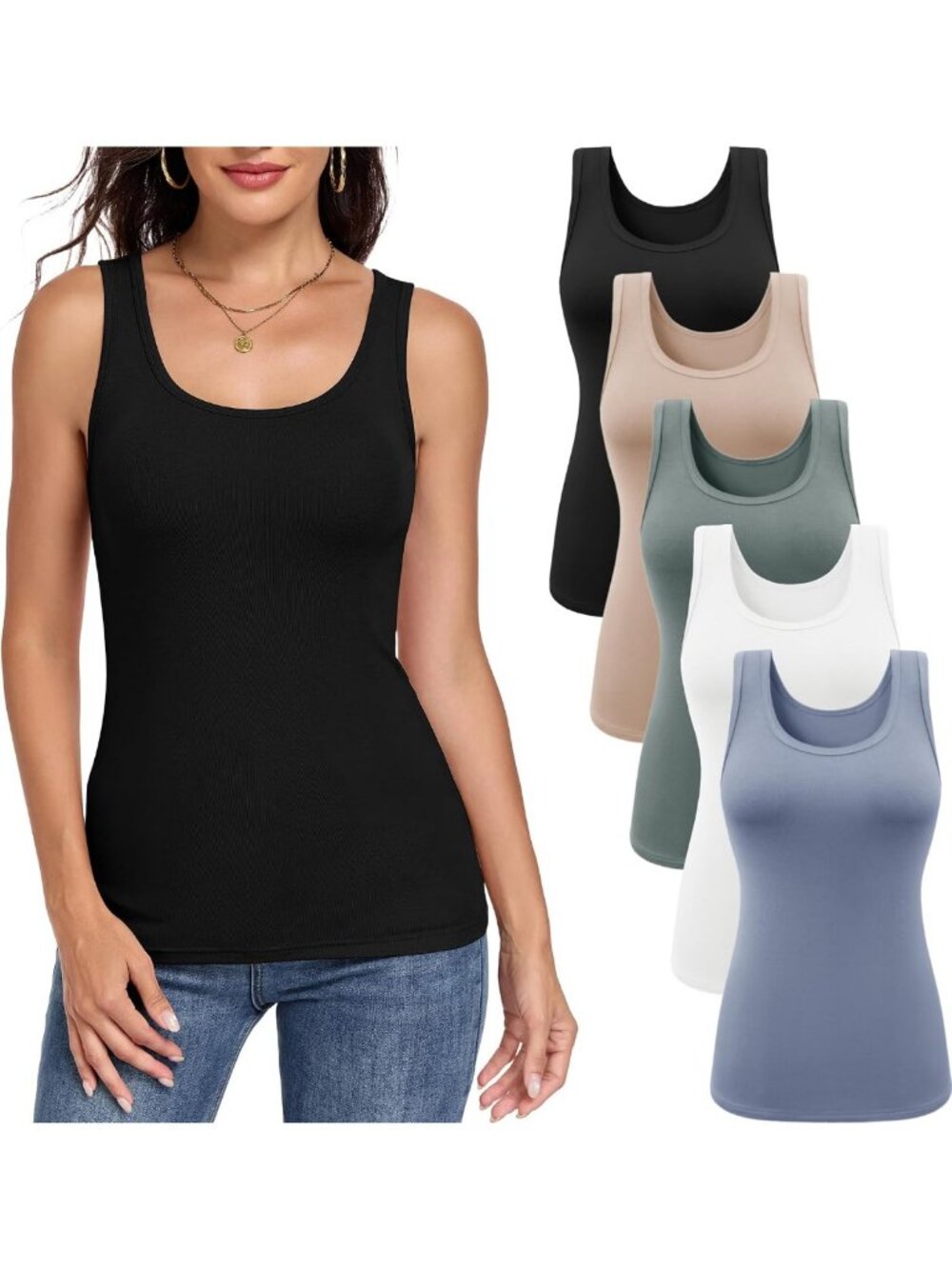 5 Pack Women's Scoop Neck Tank Tops - Sleeveless Basic Undershirts for Layering
